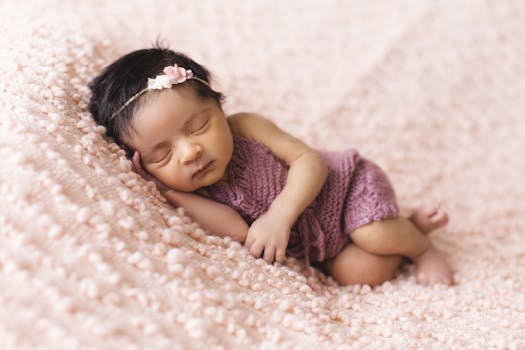 A newborn baby girl peacefully sleeps on a soft pink blanket, embodying innocence and tranquility.