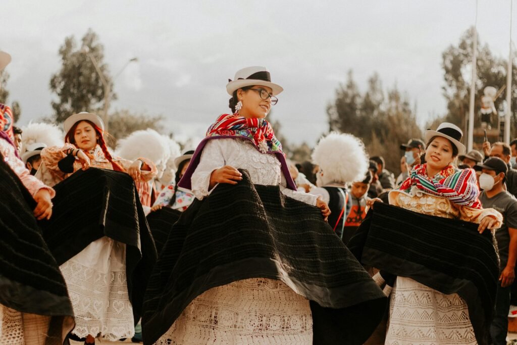 Colorful traditional dance celebration in Yauli, Perú featuring cultural attire and joyous expressions.